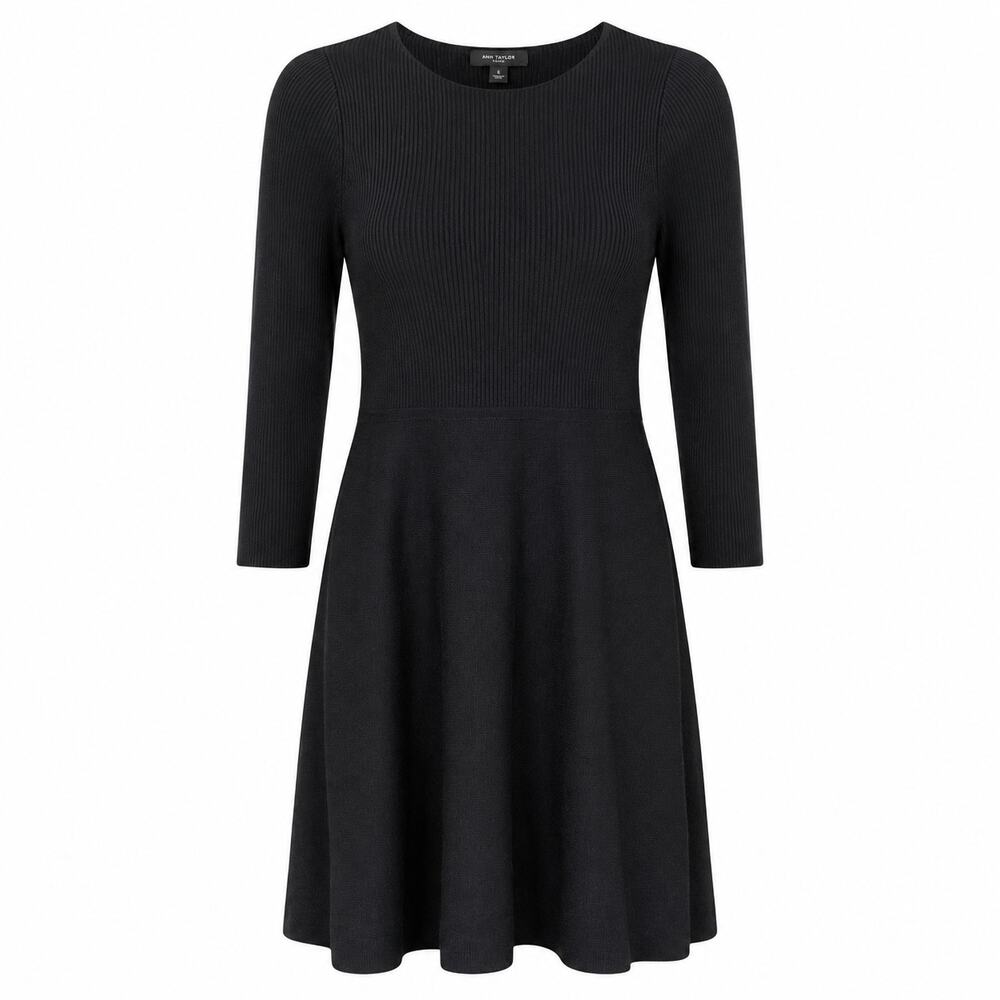 Ann Taylor Petite Merino Wool Sweater Dress Black 3/4 Sleeve Fit Flare MP